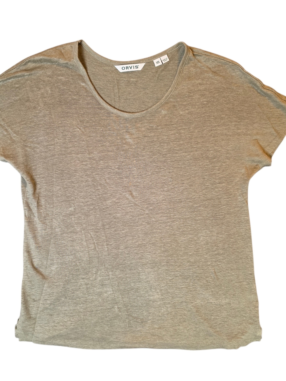 Orvis Women’s Tee XS Tan Green Linen Short Sleeve Scoop Neck Outdoor Gorpcore